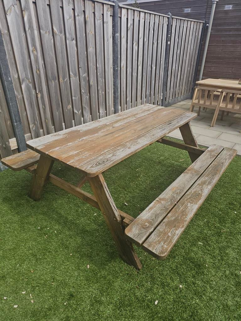 Robuuste houten picknicktafel voor buiten, Ophalen of Verzenden, Gebruikt, Rechthoekig, Hout
