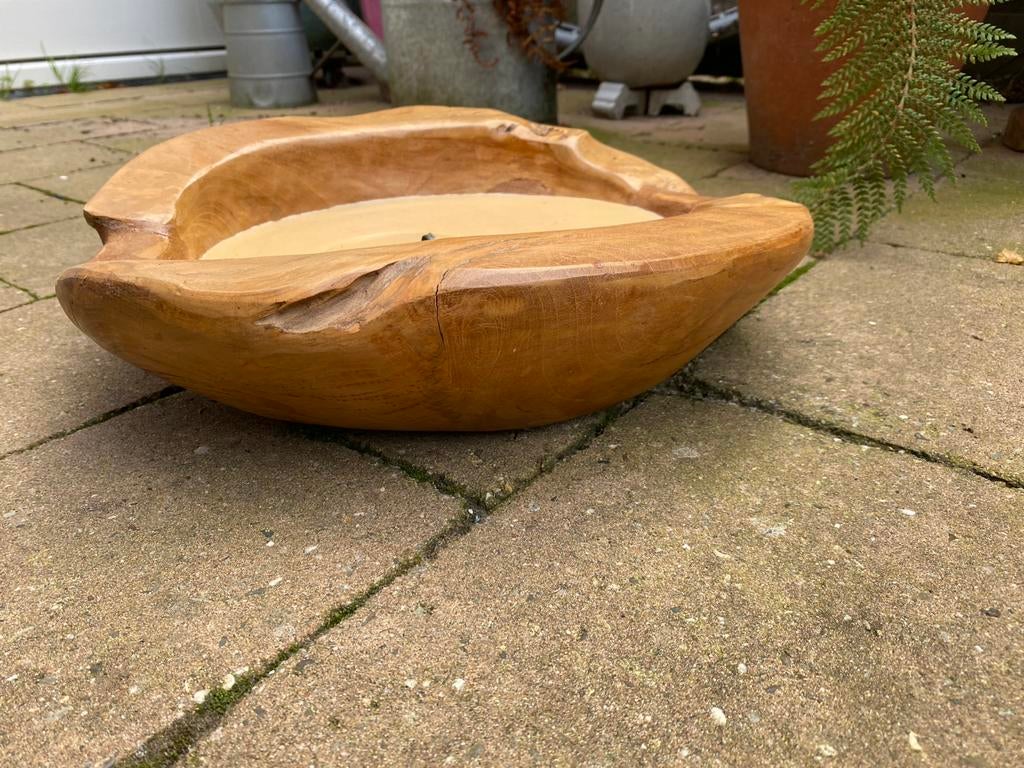 Platte kaars in olijfhouten schaal, Ophalen, Bruin, Zo goed als nieuw, Kaars