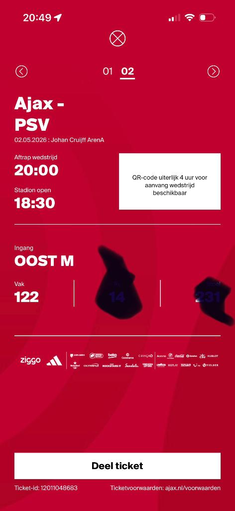 Twee kaarten Ajax -PSV naast elkaar vak 122, Seizoenskaart, Twee personen, Mei