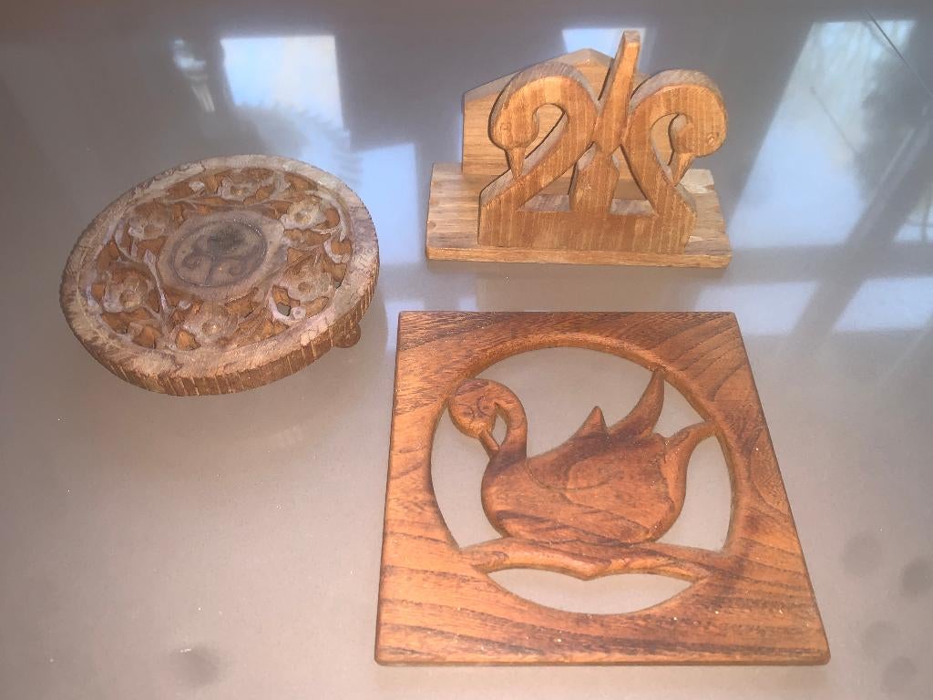 Houtsnijwerk decoratie ornamenten wandpaneel 3x, Gebruikt, Hout, Ophalen of Verzenden, Bruin