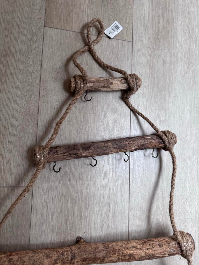 Unieke houten kapstok met touw en haken, Wandkapstok, 100 tot 150 cm, Ophalen of Verzenden, Zo goed als nieuw