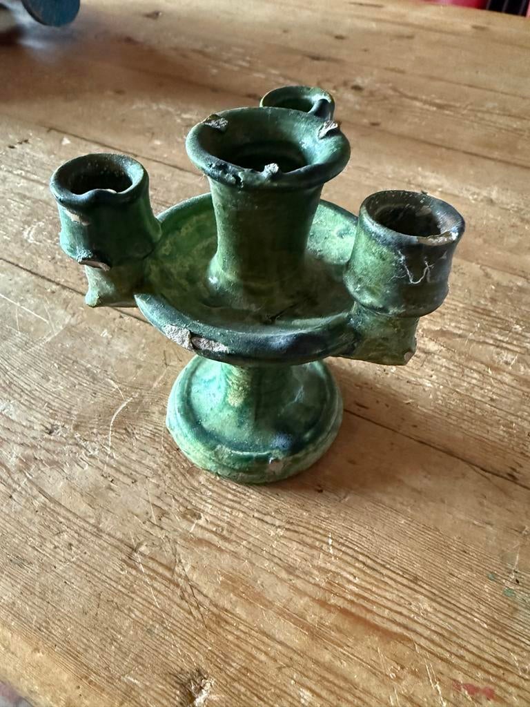 Oude handgemaakte Tamegroute kandelaar, Ophalen of Verzenden, Keramiek of Aardewerk