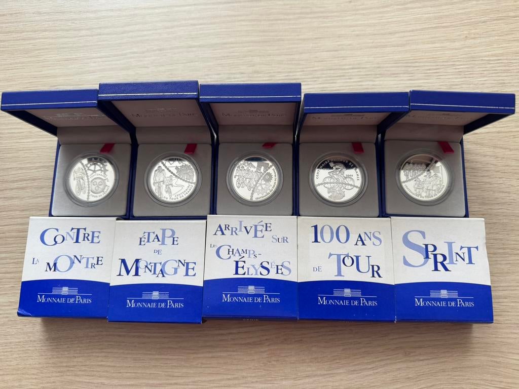 5x Frankrijk €1.5 Proof 100 jaar Tour de France, Zilver, Overige waardes, Frankrijk, Verzenden