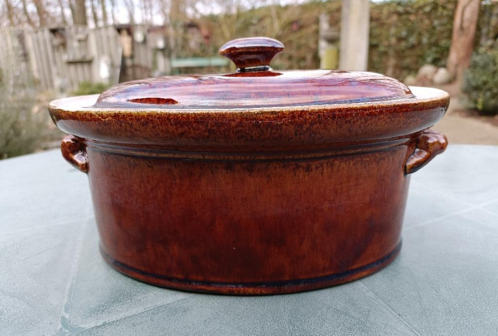 Antieke paté bak schaal ovaal keramiek bruine karamel Boche?, Ophalen of Verzenden