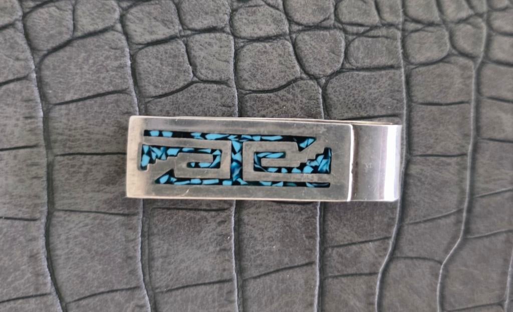 Zilveren moneyclip met turquoise inleg, Ophalen of Verzenden, Zilver