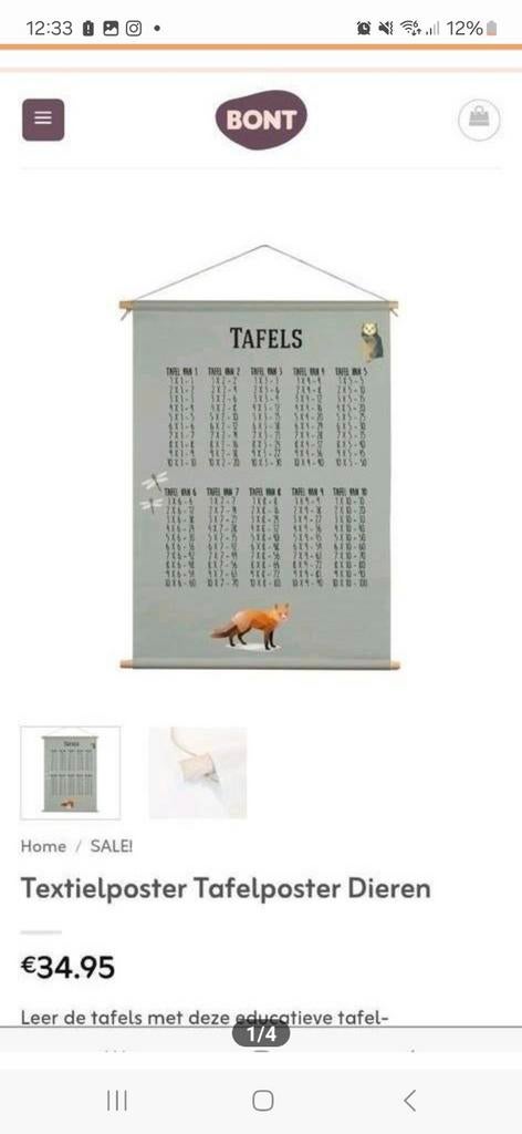Textielposter tafelposter dieren tafels bont wanddecoratie, Ophalen of Verzenden, Zo goed als nieuw, Wanddecoratie