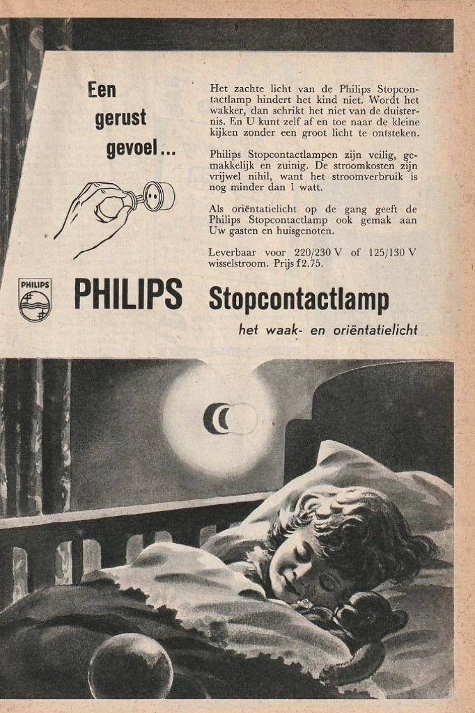Retro reclame 1955 Philips nachtlampje kindje met beer, Verzenden, Overige typen