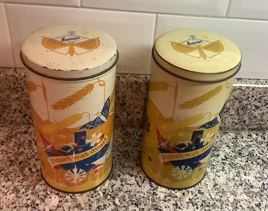 2 oude beschuitblikken Hooimeijer, Ophalen of Verzenden, Gebruikt, Beschuit
