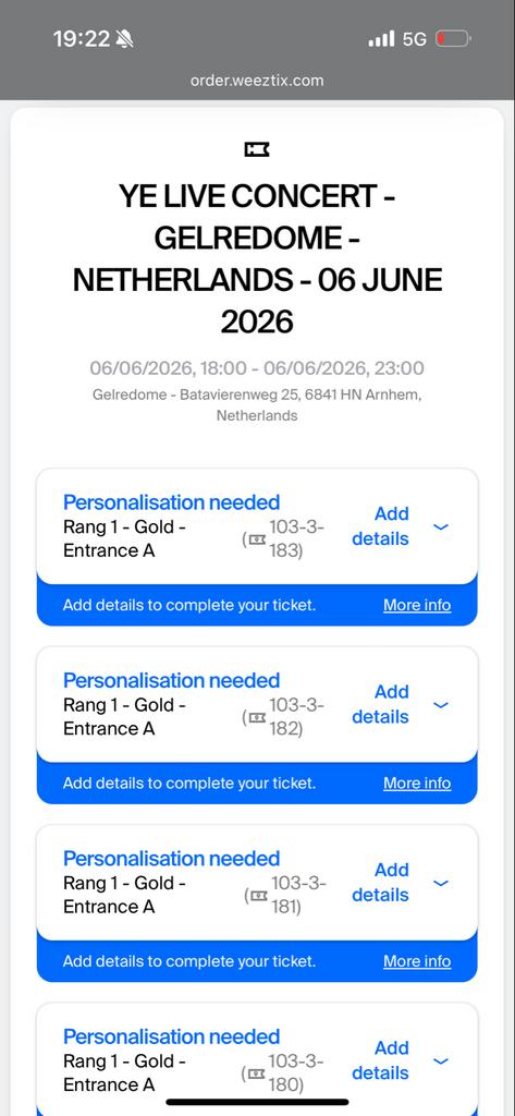 Gold rang 1 tickets Ye Gelredome 6 Juni, Twee personen, Juni