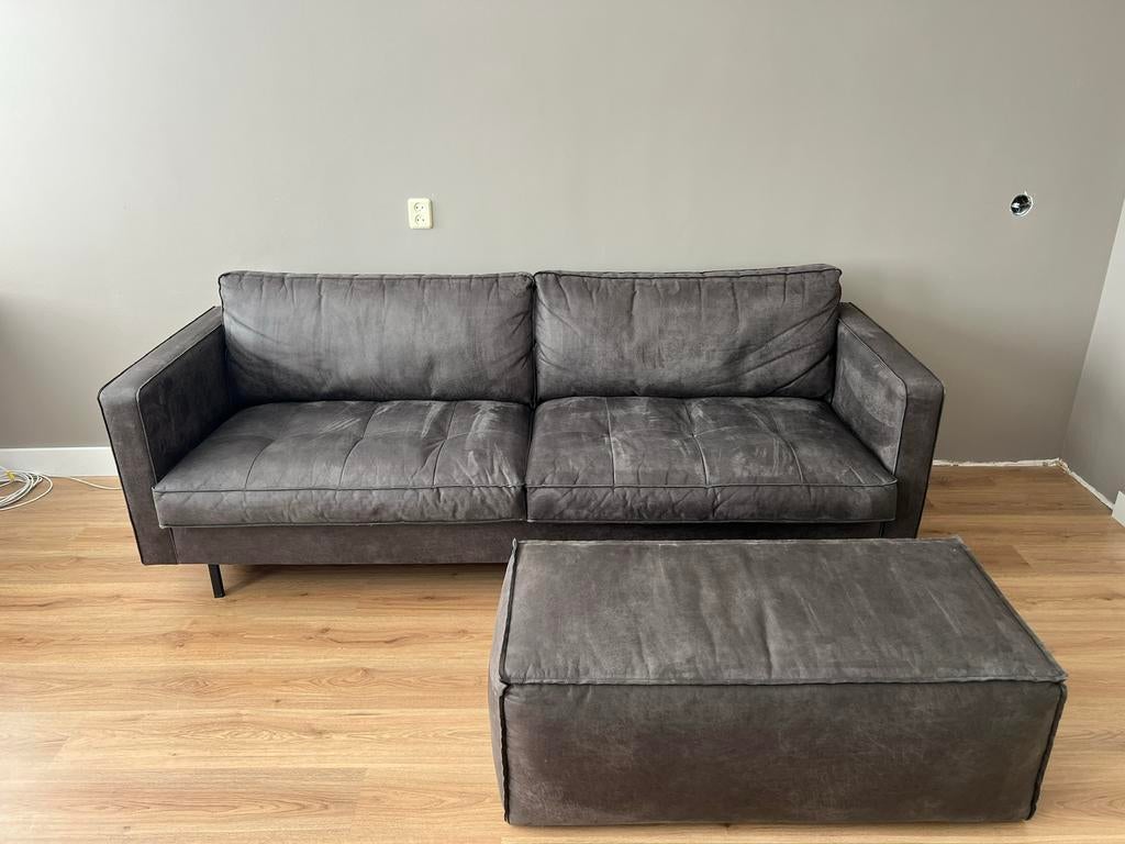 BePureHome - Rodeo Classic bank 2,5 zits zwart + poef, Ophalen, Gebruikt, Leer, Modern - industrieel