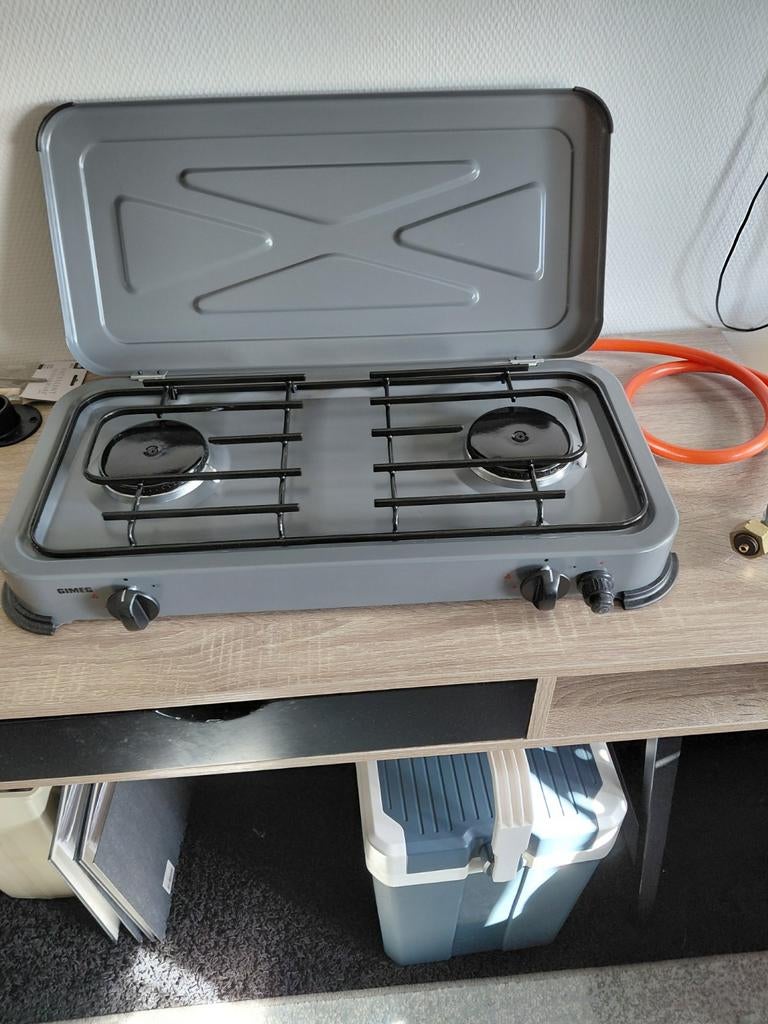 2 pits camping gasstel grijs met slang en regelaar nieuw, Caravans en Kamperen, Kampeeraccessoires, Ophalen