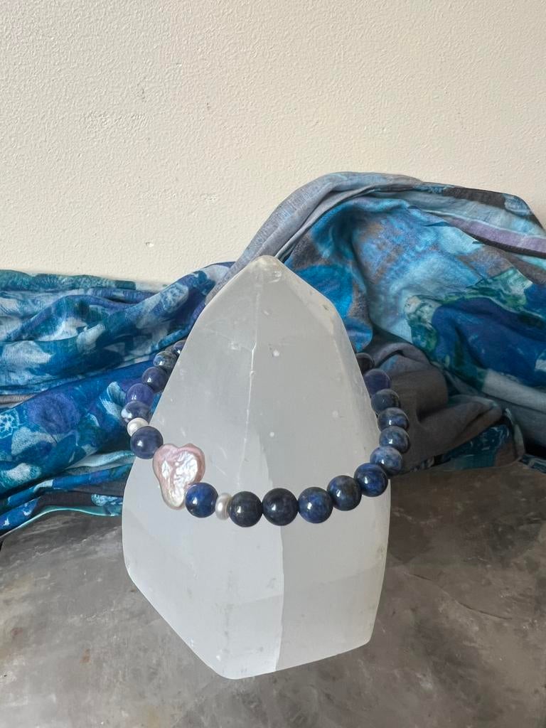 Lapis lazuli parel zoetwater beschermt aura intuïtie, Met bedels of kralen, Blauw, Nieuw, Ophalen of Verzenden