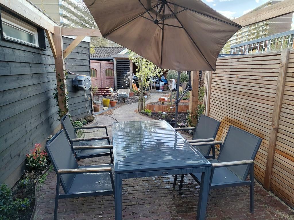 Hartman tuinset met aluminium tafel en Intratuin parasol, Ophalen, Gebruikt, Aluminium