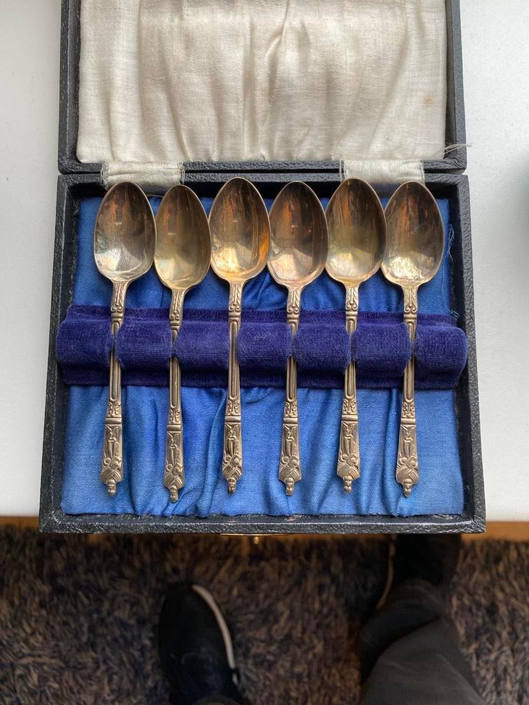 6 EPNS lepeltjes in doos, vintage, Antiek en Kunst, Antiek | Bestek, Ophalen of Verzenden