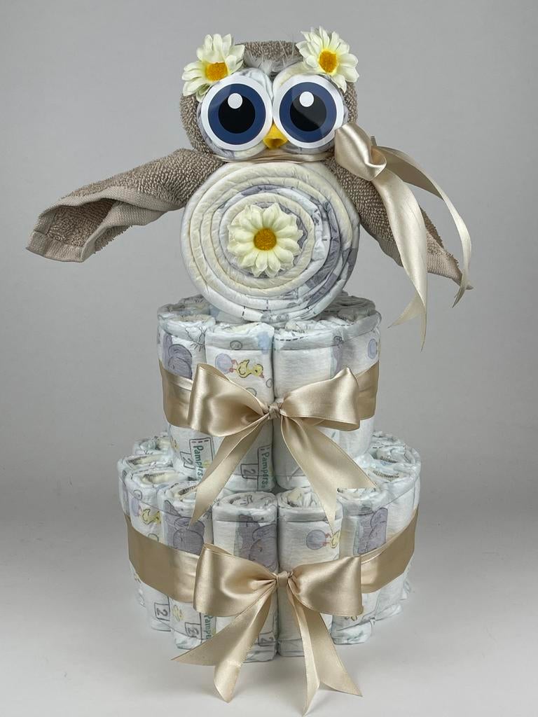 Luiertaart jongen meisje uil Cream beige, Kinderen en Baby's, Kraamcadeaus en Geboorteborden, Ophalen of Verzenden, Nieuw, Kraamcadeau