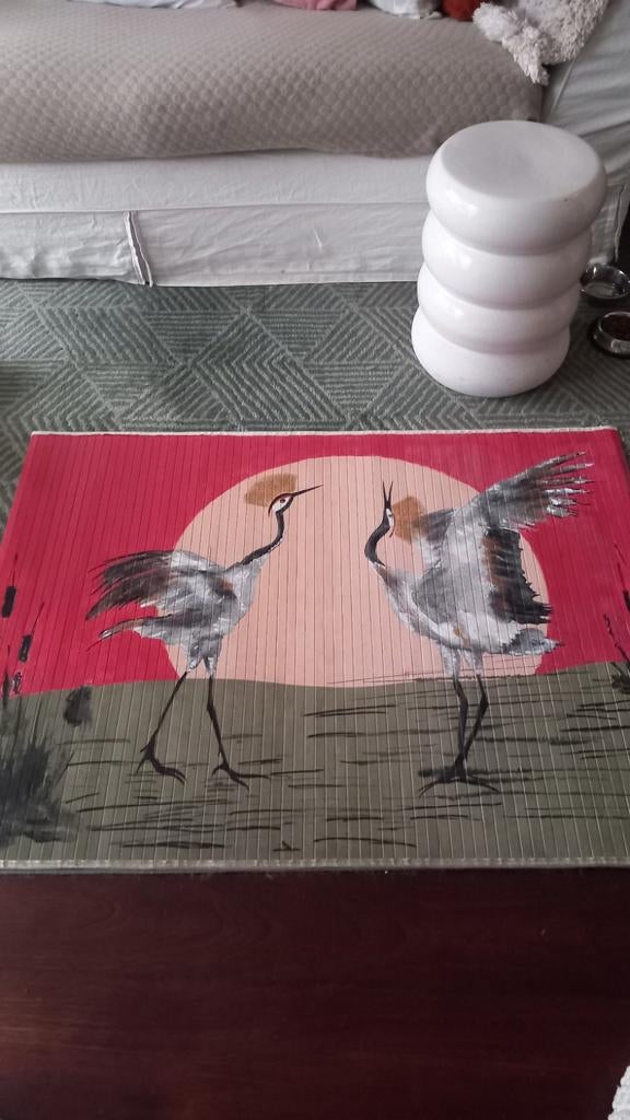 schilderij van kraanvogels op bamboedoek, Ophalen, Rond, Hout