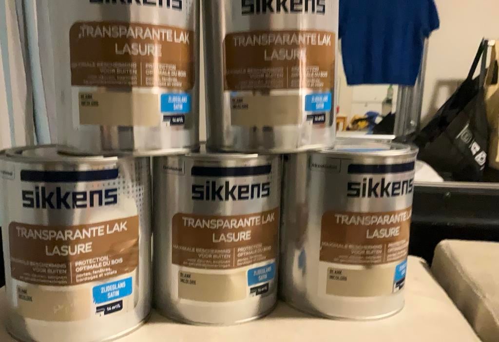 Sikkens transparatelak zijdeglans  5 voor  70 euro, Ophalen of Verzenden, Zo goed als nieuw, Wit, Lak