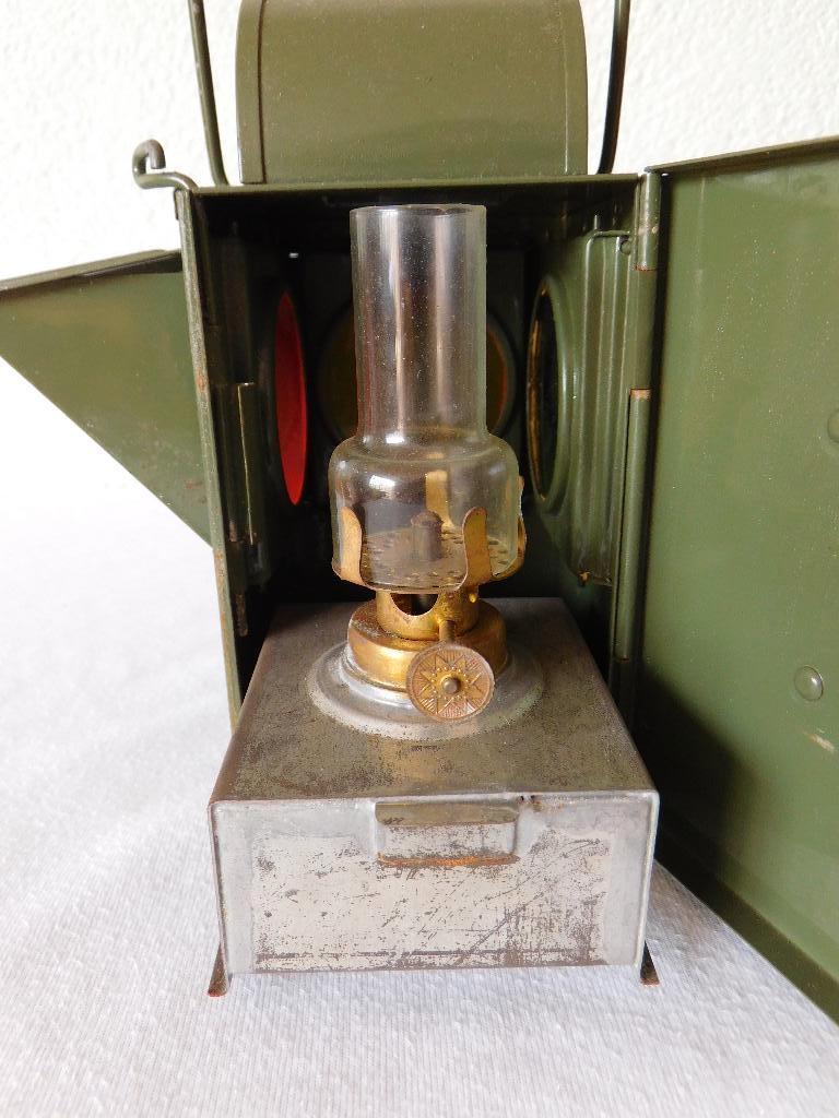 Antieke spoorweg seinlamp in groen inclusief olielamp, brand, Ophalen of Verzenden