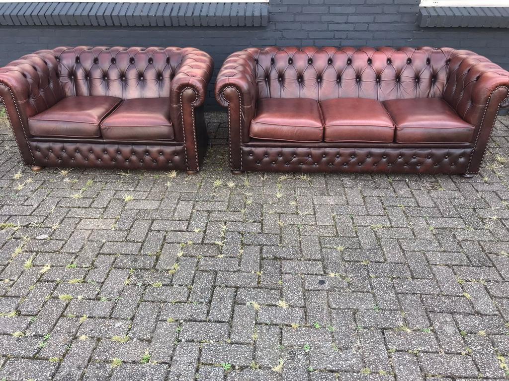 Originele Vintage Chesterfield 3+2 zit bankstel bruin leer, Gebruikt, 150 tot 200 cm, Ophalen of Verzenden, Leer