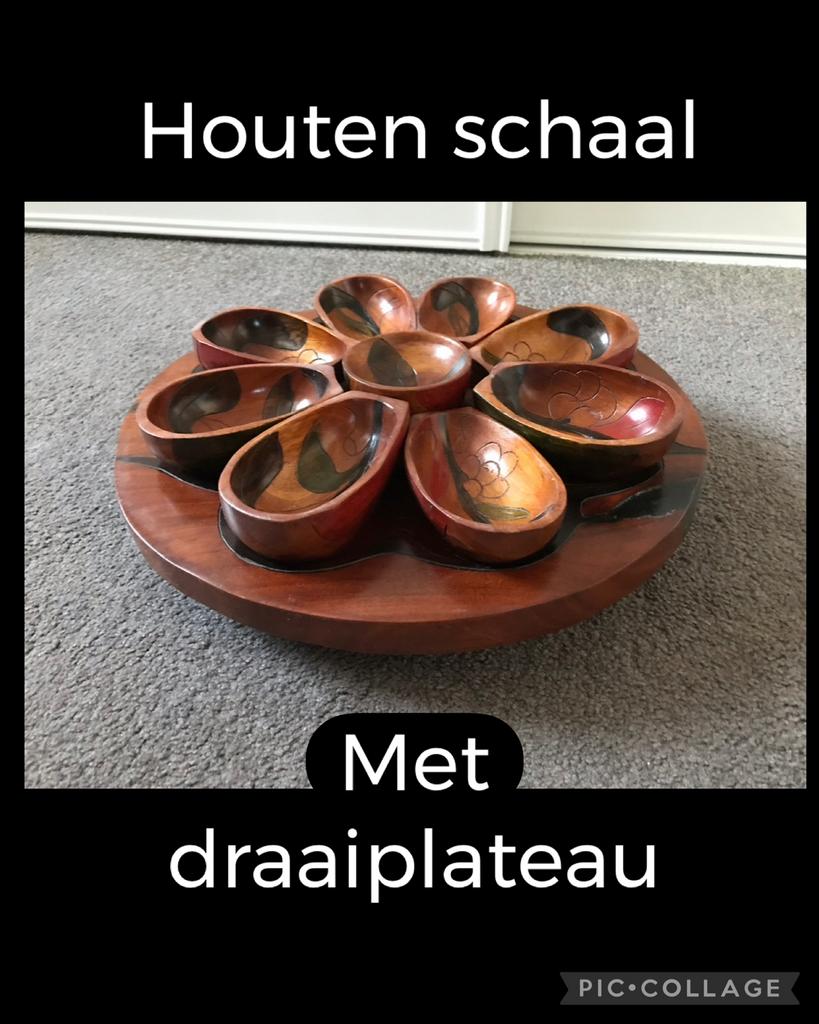 Houten schaal met draaiplateau en 9 kommetjes, Gebruikt, Schaal, Rond, Ophalen of Verzenden