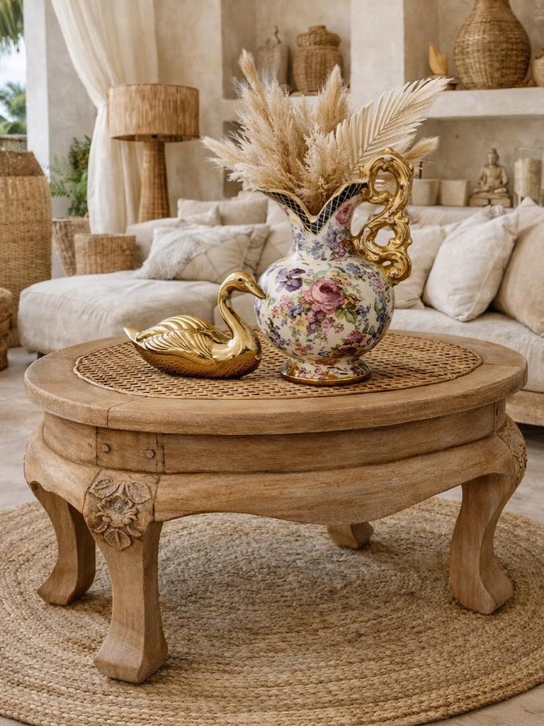 Ibiza Style Salontafel Hout met Rotan Blad, Gebruikt, Minder dan 50 cm, Ovaal, Overige houtsoorten