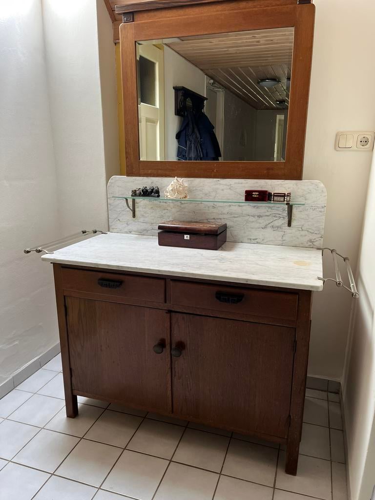 Antieke jaren 30 wastafelkast met marmeren blad en spiegel, Antiek en Kunst, Ophalen