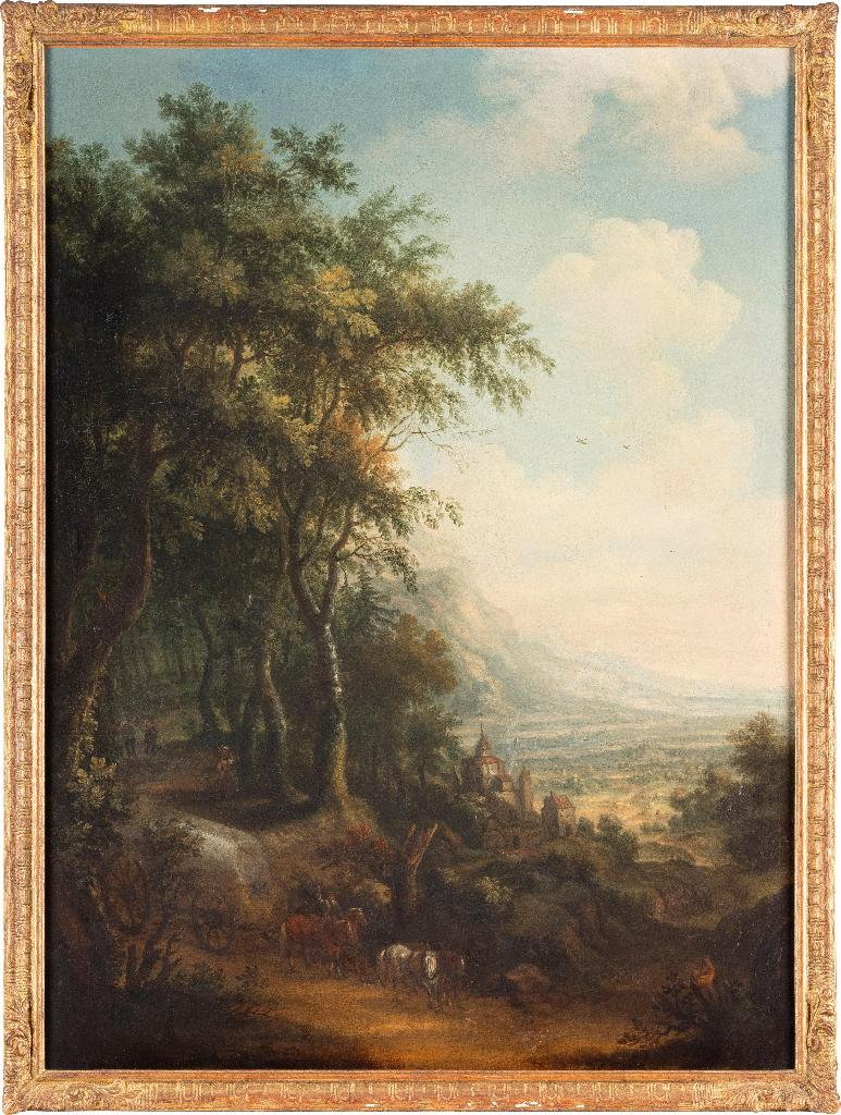 Schilderij J.K. Schneider: Berglandschap +kasteel +bos +Rijn, Ophalen