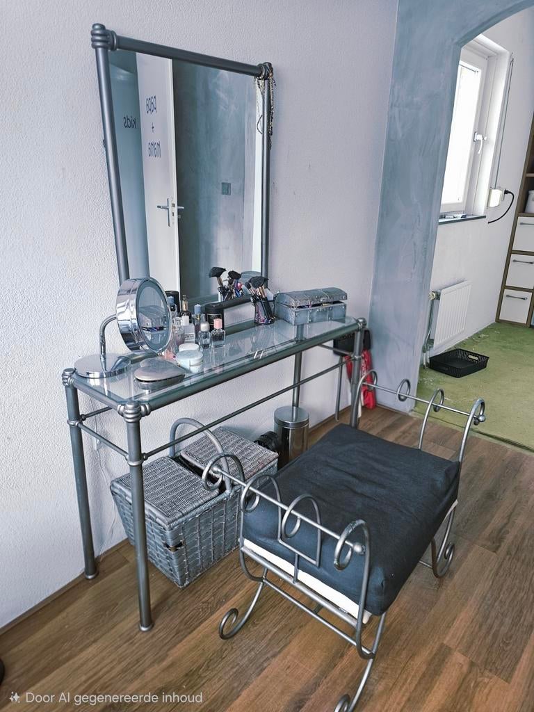 Sidetable met spiegel en krukje, Huis en Inrichting, Tafels | Sidetables, Ophalen, Gebruikt, 100 tot 150 cm, Glas