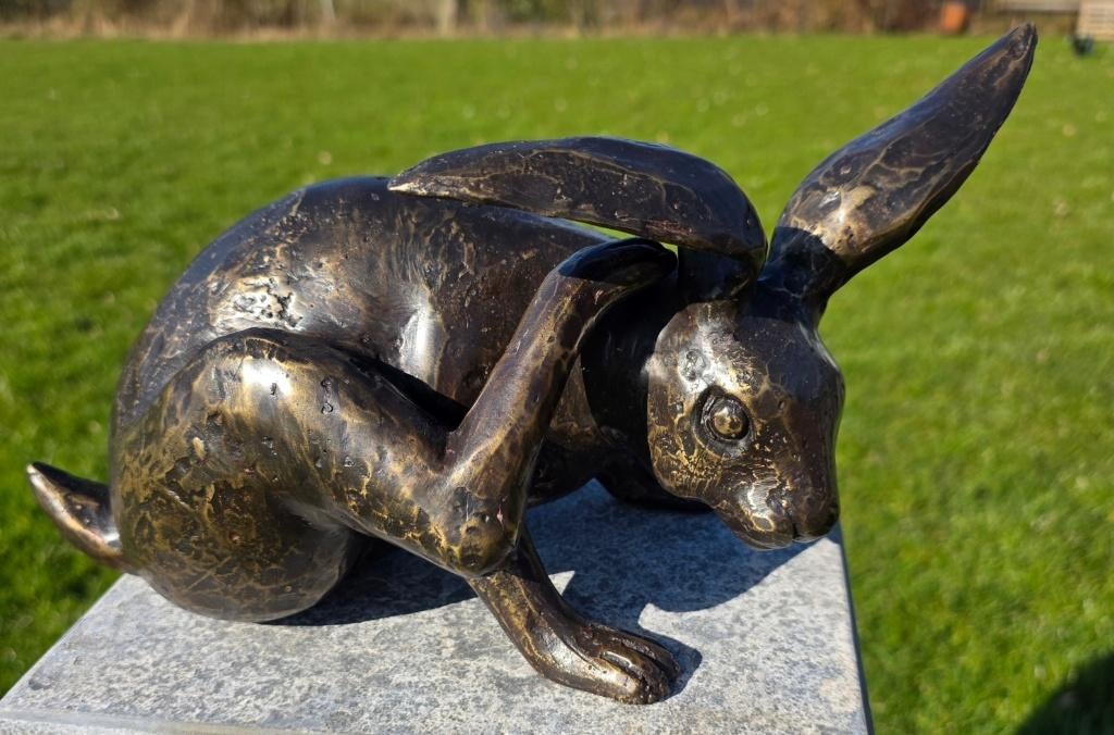 HAAS KRABT AAN OOR / bronzen beeld, Dierenbeeld, Nieuw, Info@huisentuindecoratiemarie.nl, Huis en tuin decoratie marie