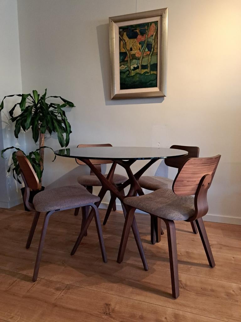 Ronde eettafel met glazen blad en houten onderstel 120 cm, Rond, Ophalen of Verzenden, Zo goed als nieuw, 100 tot 150 cm