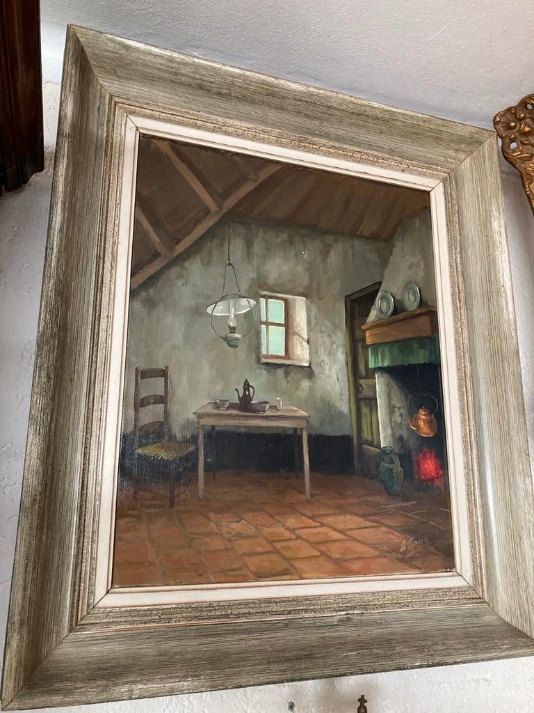 Schilderij interieur met open haard en tafel, Antiek en Kunst, Kunst | Schilderijen | Klassiek, Ophalen of Verzenden
