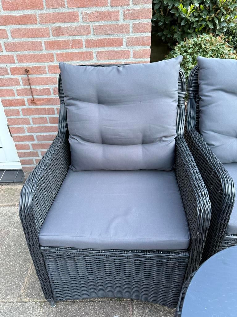 2 tuinstoelen met kussens + bijzettafel met glasplaat, Ophalen, Gebruikt, Overige materialen