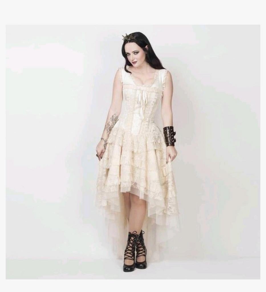 Victoriaanse korset jurk met kant en lint creme xs, Beige, Nieuw, Ophalen of Verzenden, Knielengte