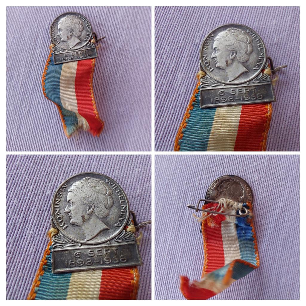 Herdenkingsmedaille 6 sept.1938 Koningin Wilhelmina., Verzamelen, Speldjes, Pins en Buttons, Ophalen of Verzenden, Gebruikt, Overige onderwerpen