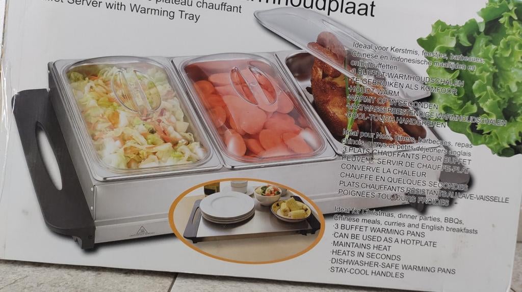 Buffetserver met warmhoudplaat - 3 schalen, Huis en Inrichting, Ophalen, Nieuw