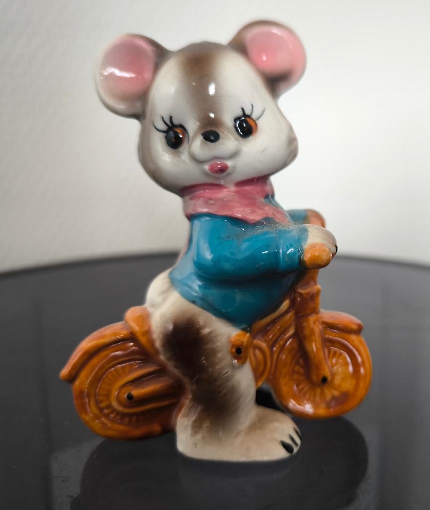 Vintage Keramieken Muis op Fiets Japan 1960s, Ophalen of Verzenden, Zo goed als nieuw, Dier