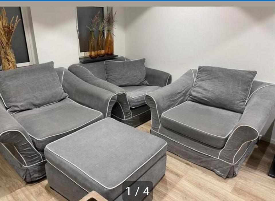 Riviera Maison stoelen met hocker - Grijs, stof, Gebruikt, Twee, Ophalen of Verzenden, Stof