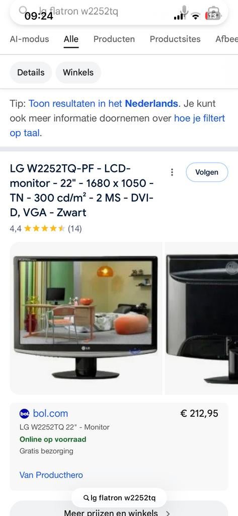 LG Flatron W2252TQ 22 inch monitor, Gebruikt, Ophalen of Verzenden, 1 tot 2 ms, Overige resoluties