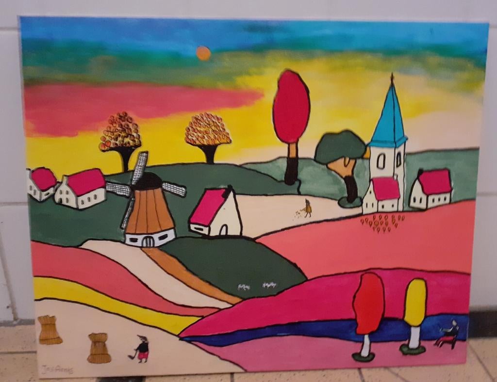 Naïef schilderij 50x40cm - Dorpsgezicht met molen, Ophalen of Verzenden
