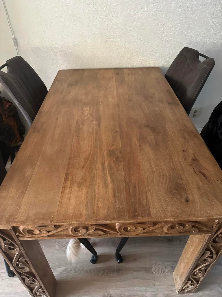 Mooie  mangohouten salon- en eettafel ibiza style, Huis en Inrichting, Ophalen, Eikenhout, 100 tot 150 cm, Zo goed als nieuw