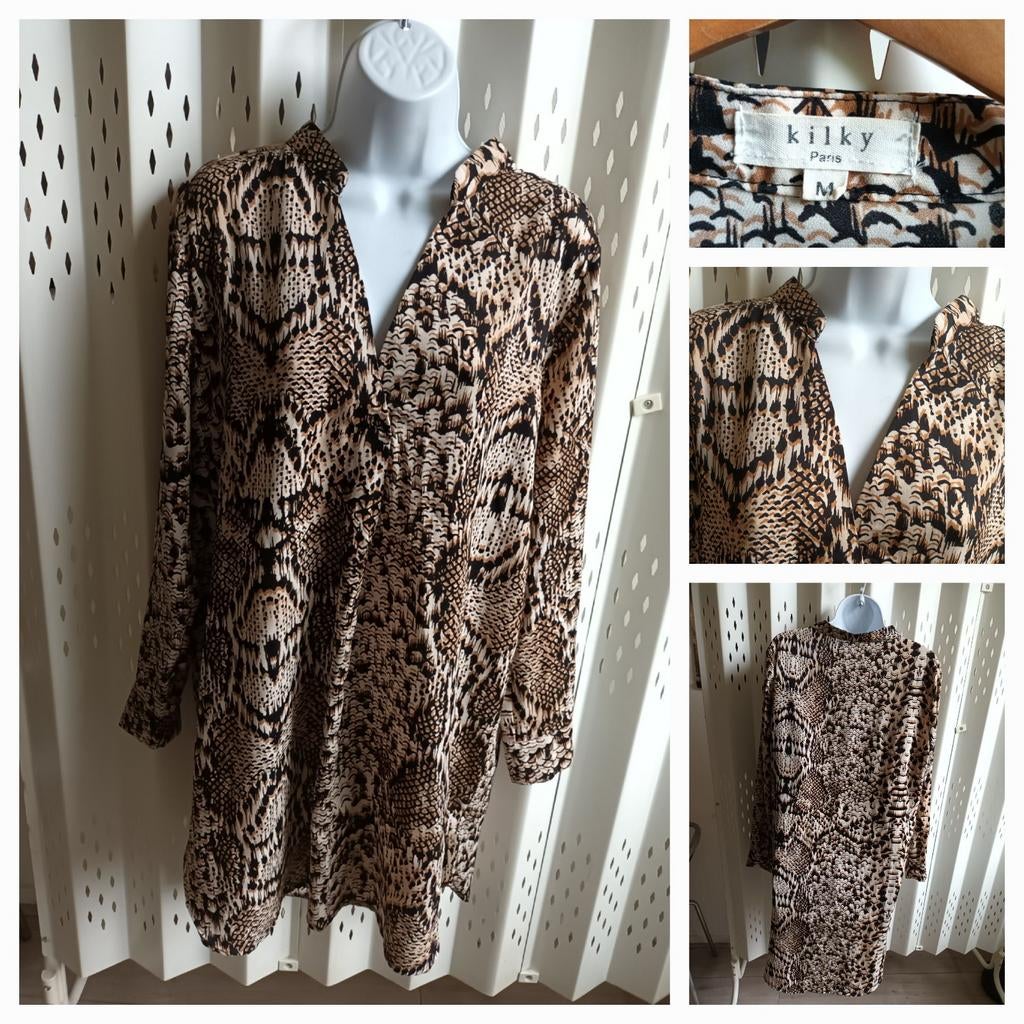 KILKY dames blousejurk print v-hals longsleeve M, Maat 38/40 (M), Beige, Ophalen of Verzenden, Boven de knie