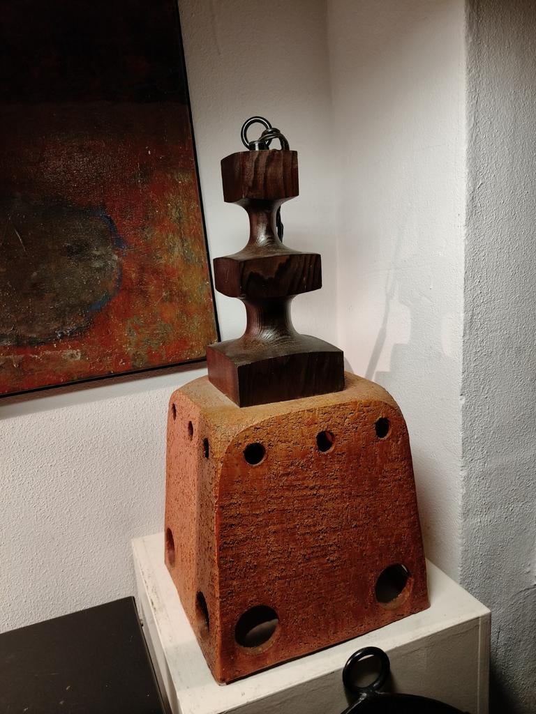 2717 Vintage Hanglamp Keramiek Hout Brutalist Desig, Ophalen of Verzenden, Hout, Minder dan 50 cm