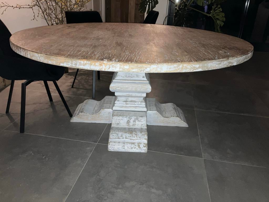 Ronde Kloostertafel van Reclaimed Grenenhout, Ophalen, 150 tot 200 cm, Rond, Zo goed als nieuw