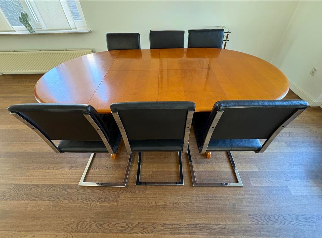 Uitschuifbare Kersenhouten Eettafel met 6 Leren Stoelen, Huis en Inrichting, Tafels | Eettafels, Ophalen, Gebruikt, 100 tot 150 cm