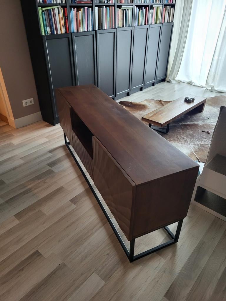 Massief mangohout TV-meubel Scorpion 160cm met 3D snijwerk, Huis en Inrichting, Ophalen, 150 tot 200 cm, Zo goed als nieuw, Minder dan 100 cm