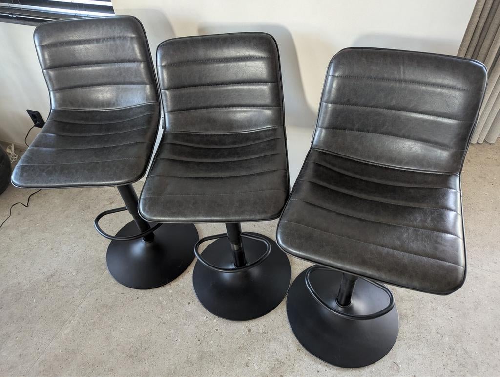 3 barkrukken, verstelbaar, antraciet fauxleer, merk Bronx 71, Ophalen, Gebruikt, 60 tot 90 cm, In hoogte verstelbaar