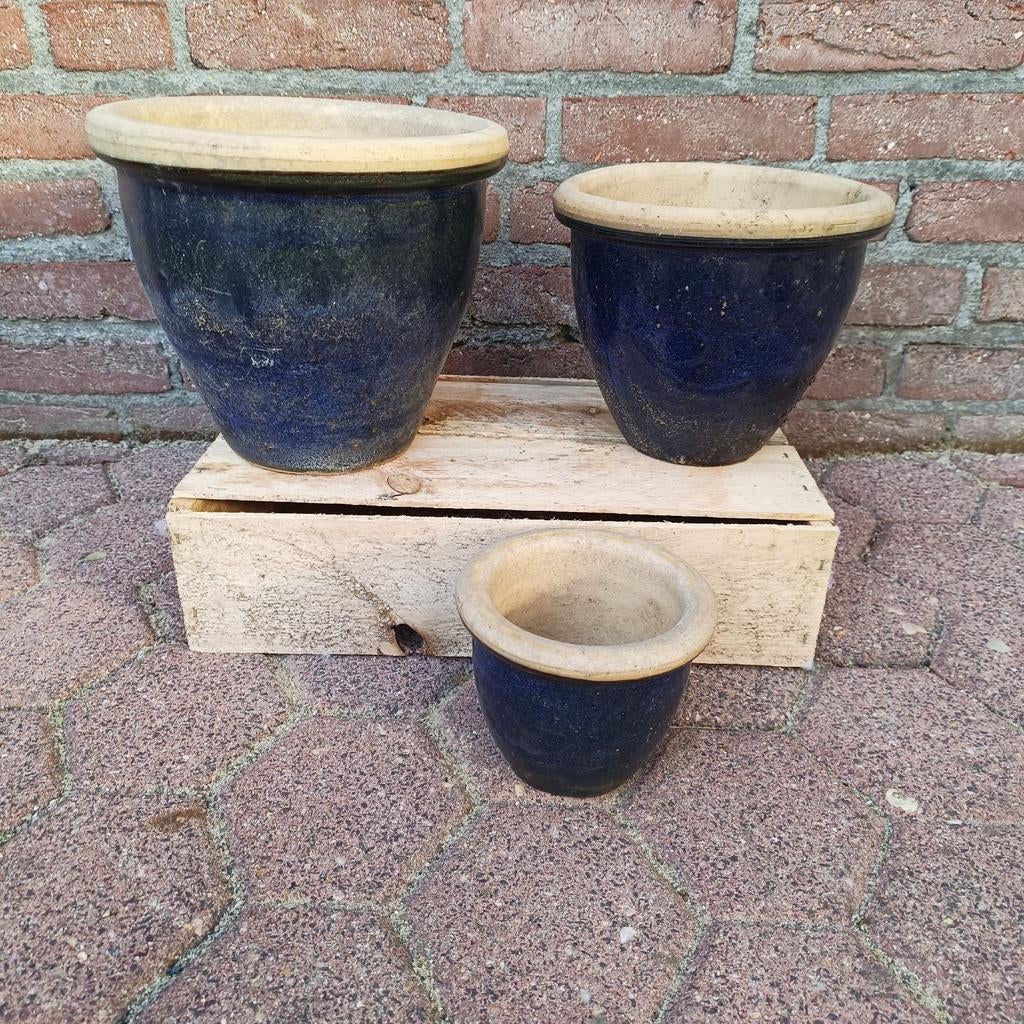 Setje blauw geglazuurde bloempotten, Tuin en Terras, Ophalen, Rond, Aardewerk, Minder dan 40 cm