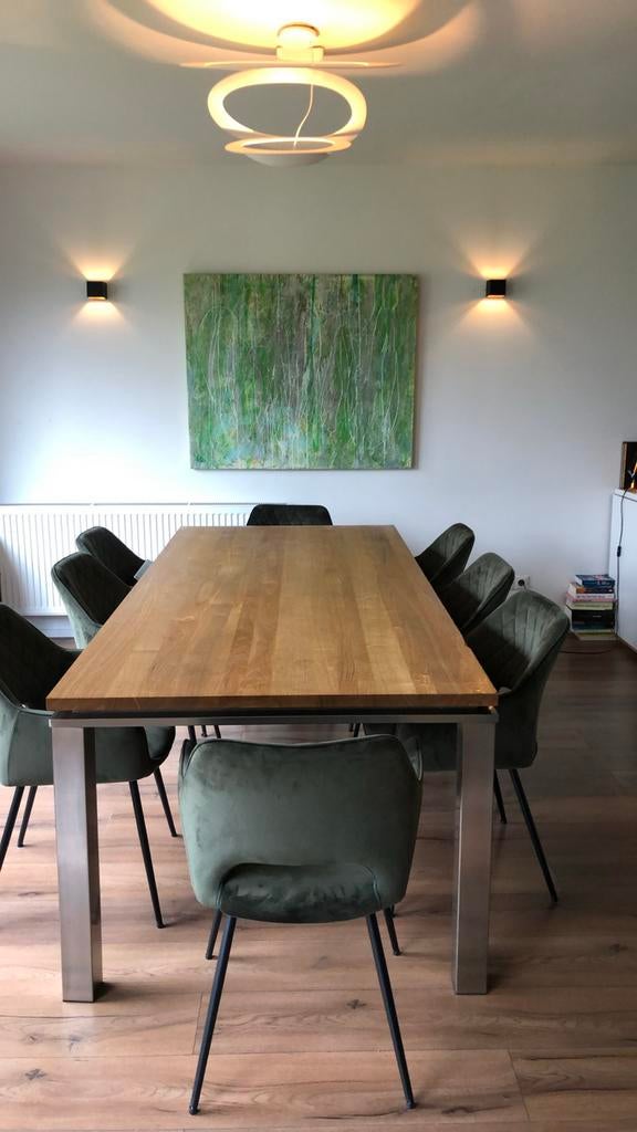 Design Eettafel Hout met RVS Onderstel - 220x100 cm, Huis en Inrichting, Tafels | Eettafels, Ophalen, 100 tot 150 cm, 200 cm of meer