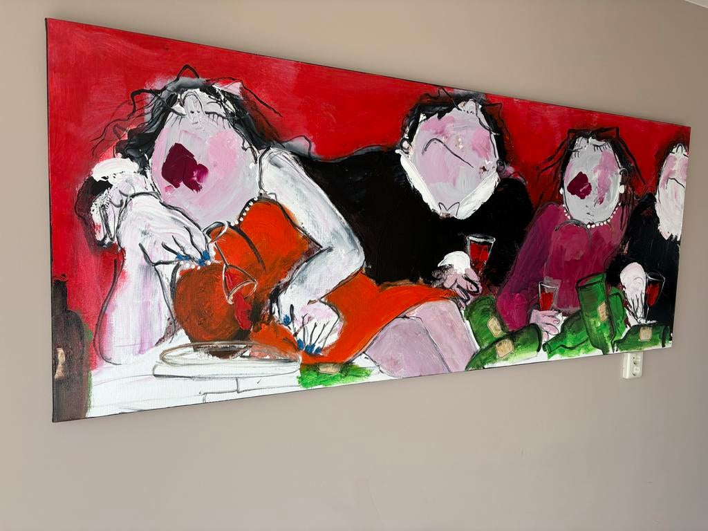 Schilderij 200/ 80 cm Eetscenes van Gerdine Duijsens., Antiek en Kunst, Kunst | Schilderijen | Modern, Ophalen of Verzenden