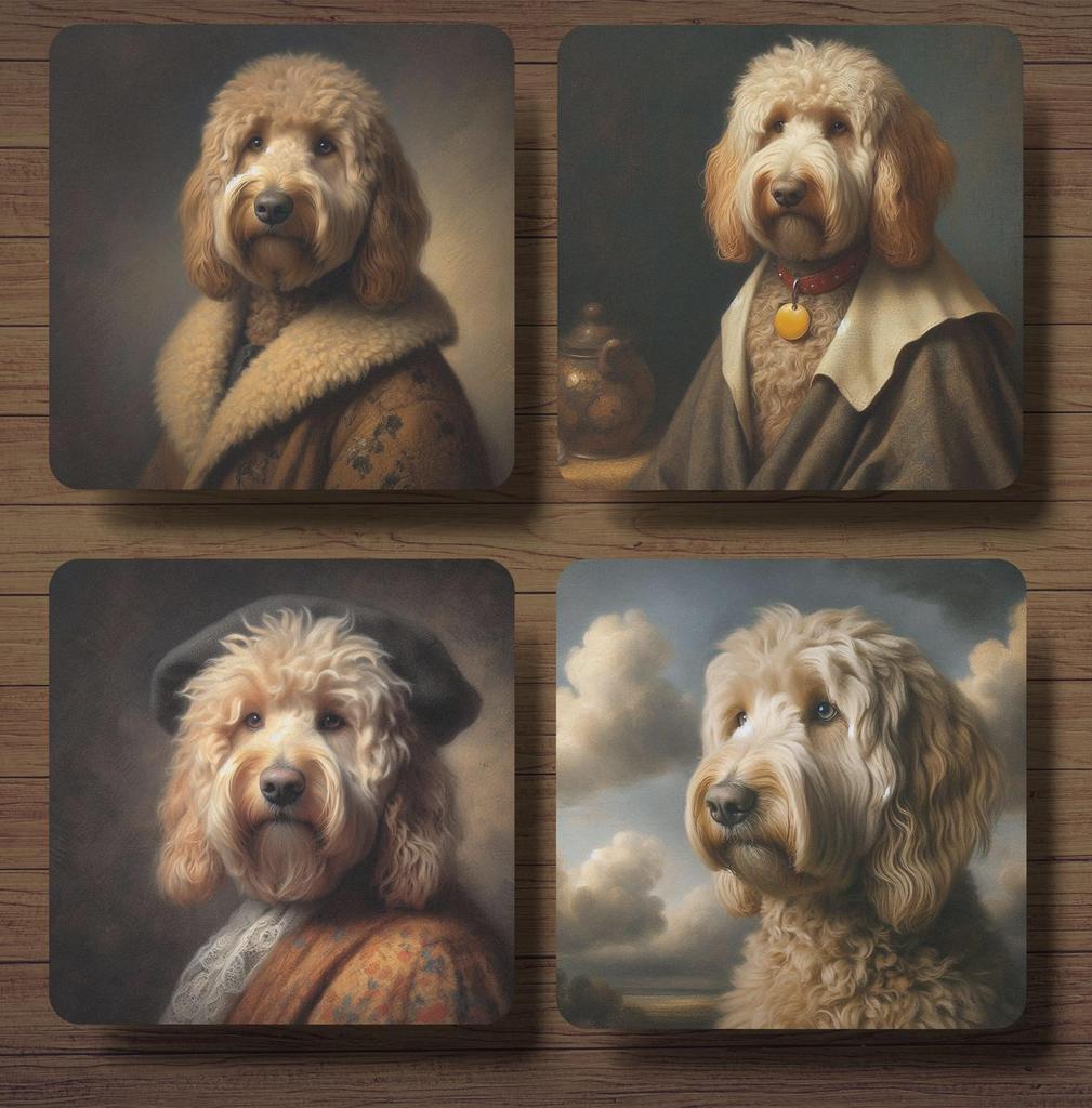 Labradoodle Rembrandt stijl onderzetters met houder, Ophalen of Verzenden, Nieuw, Glas of Kopje